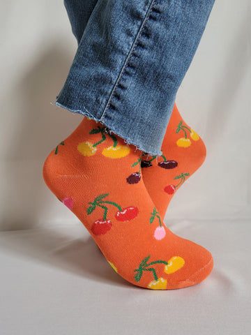 Cherries Fruit Design Crew Sock (Orange)