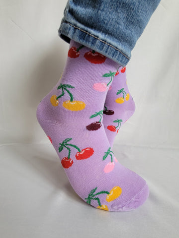 Cherries Fruit Design Crew Sock (Lilac)