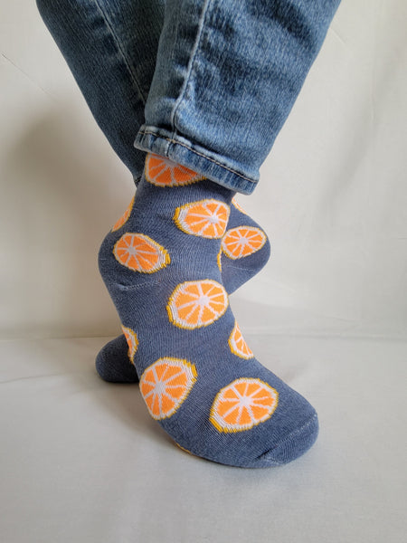 Orange Fruit Design Crew Sock (Metal Blue)